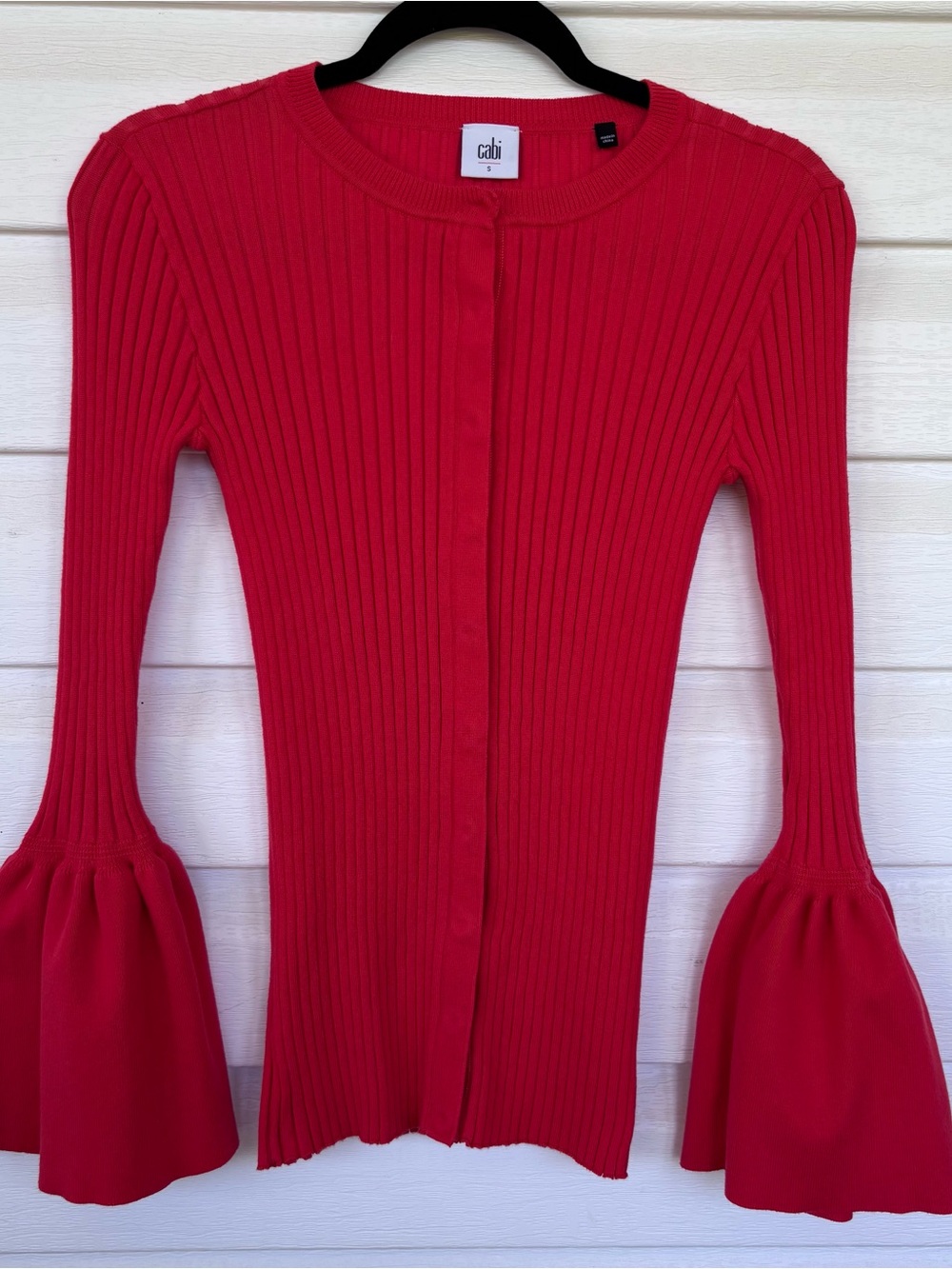 CAbi Raspberry Red Ribbed Button-Up Sweater with Flared Sleeves Size Small - Picture 2 of 8